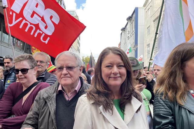Plaid Senedd member Leanne Wood takes part in a march calling for Welsh independence in the centre of Cardiff, Wales. Picture date: Saturday October 1, 2022.