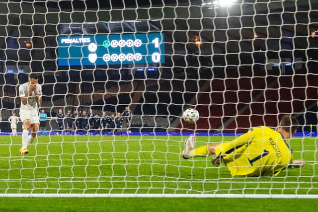 David Marshall saves from Eran Zahavi (left) during Thursday's Euro 2020 play-off semi-final between Scotland and Israel. (Photo by Alan Harvey / SNS Group)