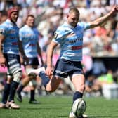 Racing's Scottish fly-half Finn Russell takes a penalty kick during the Top 14 quarter-final win over Stade Francais last weekend. (Photo by FRANCK FIFE/AFP via Getty Images)