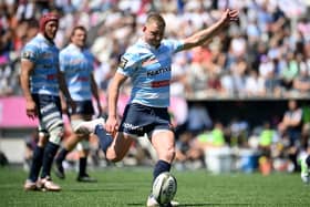 Racing's Scottish fly-half Finn Russell takes a penalty kick during the Top 14 quarter-final win over Stade Francais last weekend. (Photo by FRANCK FIFE/AFP via Getty Images)