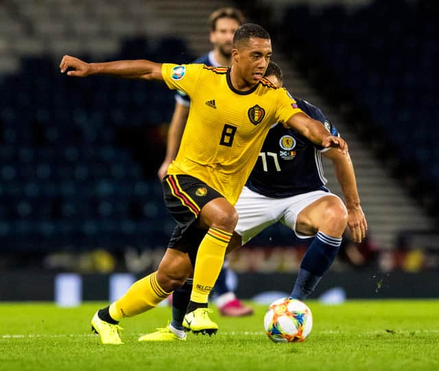 Youri Tielemans in action for Belgium against Scotland in 2019. (Photo by Alan Harvey / SNS Group)