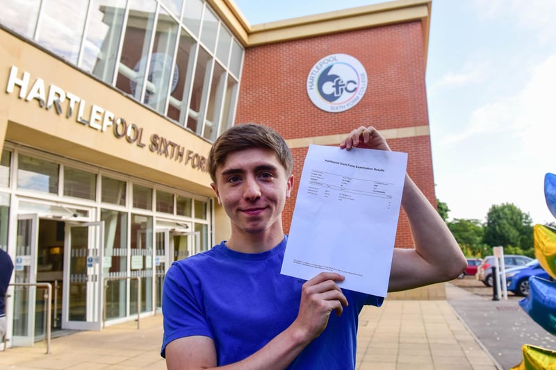 Theo Corbett celebrating his A-level results at Hartlepool Sixth Form College. He got three A* in politics, law and economics.