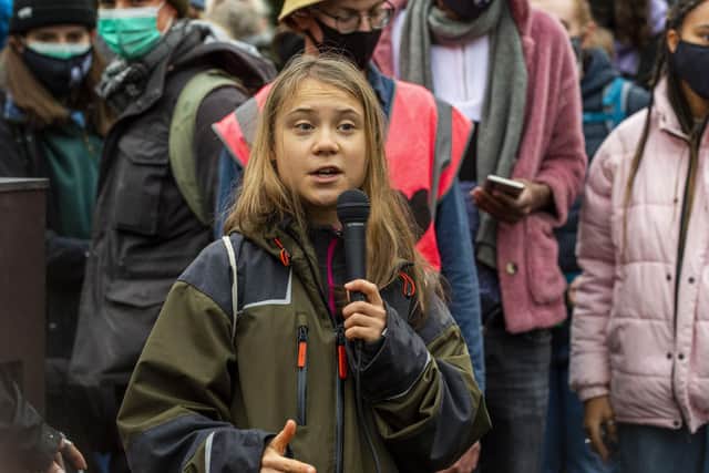 Greta Thunberg addresses a rally in Glasgow's Festival Park during COP26.