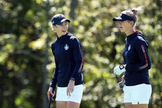 Nelly Korda and sister Jessica talk during a practice round for the 17th Solheim Cup, having gelled brilliantly in the 2019 match at Gleneagles. Picture: Maddie Meyer/Getty Images.