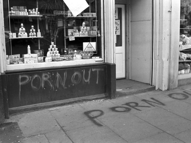 The Private Lines 'sex shop' in Elm Row Edinburgh had  'PORN OUT' graffiti spray-painted on the exterior in April 1990.