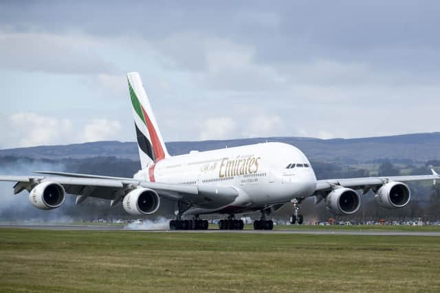 The world's largest airliner landing at Glasgow Airport for the first time since September 2019. Picture: Chris James/PA Wire