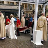Queen Camilla arriving at Westminster Abbey, London, for their coronation ceremony.