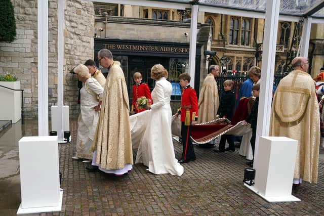 Queen Camilla arriving at Westminster Abbey, London, for their coronation ceremony.