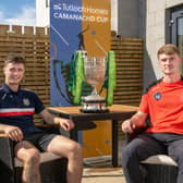 Captains James Falconer (Kingussie) and Daniel Sloss (Oban Camanachd) pose with the Camanachd Cup ahead of Saturday's shinty final. Picture: Neil G Paterson