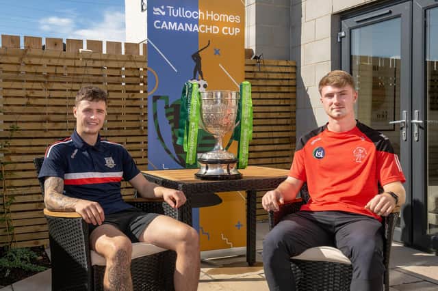 Captains James Falconer (Kingussie) and Daniel Sloss (Oban Camanachd) pose with the Camanachd Cup ahead of Saturday's shinty final. Picture: Neil G Paterson