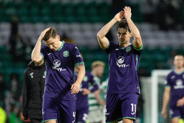 Hibs midfielder Joe Newell (right) applauds the travelling fans after the 4-1 defeat at Celtic Park. (Photo by Craig Foy / SNS Group)