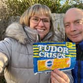 Sharon and Andy Longhurst with the packet of Tudor Crisps from 1973 which  they found this week in Dunnikier Park.
