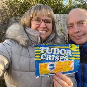 Sharon and Andy Longhurst with the packet of Tudor Crisps from 1973 which  they found this week in Dunnikier Park.
