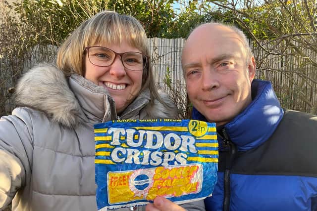 Sharon and Andy Longhurst with the packet of Tudor Crisps from 1973 which  they found this week in Dunnikier Park.
