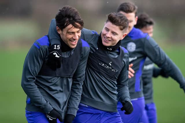 Joe Newell (left) and Kevin Nisbet during Hibs training.
