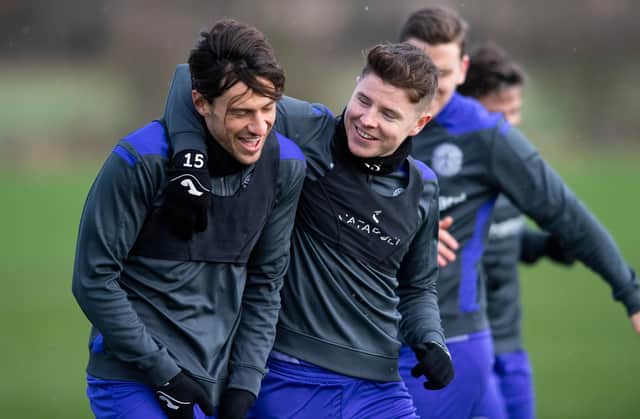 Joe Newell (left) and Kevin Nisbet during Hibs training.