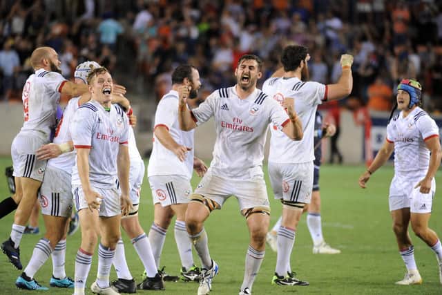 Nic Civetta, the US Eagles lock, right, and full back Will Hooley, left, are ecstatic at the final whistle, as they celebrate a famous victory over Scotland by 30-29 at the BBVA Compass Stadium in Houston, Texas on 16 June 2018. (Photo by David Gibson/Photosport/Shutterstock)