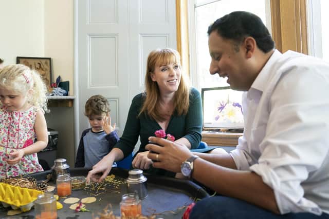Deputy Labour leader Angela Rayner (centre) and Scottish Labour leader Anas Sarwar during a visit to a Norwood House Nursery, a Kidzcare childcare facility, in Edinburgh. Picture: Jane Barlow/PA Wire