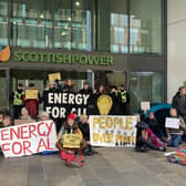 Activists protesting outside the Scottish Power HQ in Glasgow.