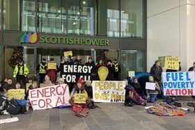 Activists protesting outside the Scottish Power HQ in Glasgow.