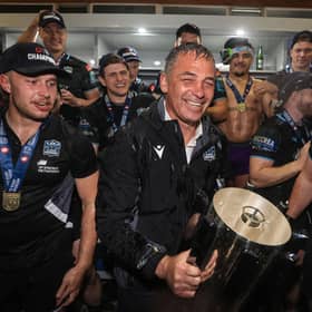 Glasgow Warriors' head coach Franco Smith, drenched in champagne, celebrates his side's win over the Vodacom Bulls in the BKT United Rugby Championship Grand Final, at Loftus Versfeld in Pretoria, South Africa, 22 June 2024.  (Photo by Dan Sheridan/INPHO/Shutterstock)
