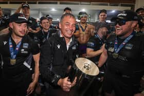 Glasgow Warriors' head coach Franco Smith, drenched in champagne, celebrates his side's win over the Vodacom Bulls in the BKT United Rugby Championship Grand Final, at Loftus Versfeld in Pretoria, South Africa, 22 June 2024.  (Photo by Dan Sheridan/INPHO/Shutterstock)