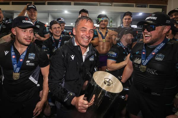 Glasgow Warriors' head coach Franco Smith, drenched in champagne, celebrates his side's win over the Vodacom Bulls in the BKT United Rugby Championship Grand Final, at Loftus Versfeld in Pretoria, South Africa, 22 June 2024.  (Photo by Dan Sheridan/INPHO/Shutterstock)