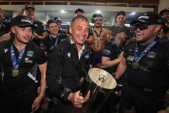 Glasgow Warriors' head coach Franco Smith, drenched in champagne, celebrates his side's win over the Vodacom Bulls in the BKT United Rugby Championship Grand Final, at Loftus Versfeld in Pretoria, South Africa, 22 June 2024. (Photo by Dan Sheridan/INPHO/Shutterstock)