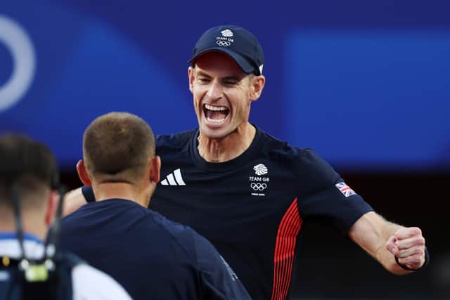 Andy Murray and Dan Evans celebrate victory for Team GB over Japan duo Kei Nishikori and Taro Daniel in the Men’s Doubles first round match at the Paris Olympics. (Photo by Clive Brunskill/Getty Images)