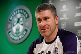 Hibs manager Nick Montgomery speaks to the press at HTC.