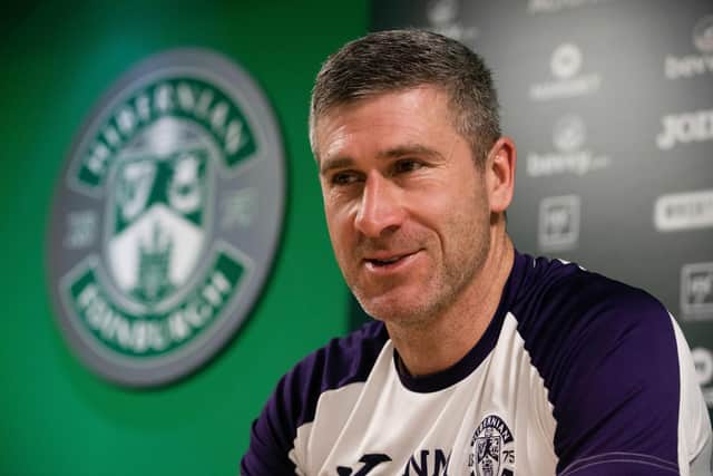 Hibs manager Nick Montgomery speaks to the press at HTC.