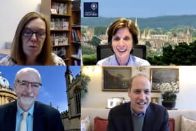 The Duke of Cambridge (bottom right) speaking to Oxford researchers via video call to congratulate them. Those on the call included Professor Andy Pollard, professor of Paediatric Infection and Immunity; Professor Sarah Gilbert, professor of Vaccinology; and Professor Louise Richardson, vice chancellor of Oxford University. Picture: Kensington Palace/PA Wire