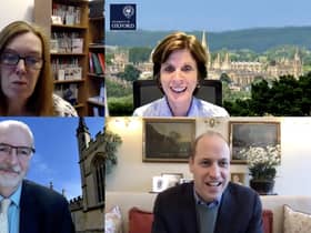 The Duke of Cambridge (bottom right) speaking to Oxford researchers via video call to congratulate them. Those on the call included Professor Andy Pollard, professor of Paediatric Infection and Immunity; Professor Sarah Gilbert, professor of Vaccinology; and Professor Louise Richardson, vice chancellor of Oxford University. Picture: Kensington Palace/PA Wire