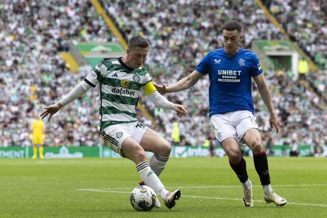 Celtic's Callum McGregor and Rangers' Tom Lawrence in action during the most recent Parkhead meeting on May 11. (Photo by Craig Foy / SNS Group)