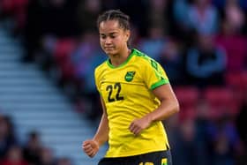 Kayla McCoy in action for Jamaica at Hampden Park. Photo credit: SNS Group.