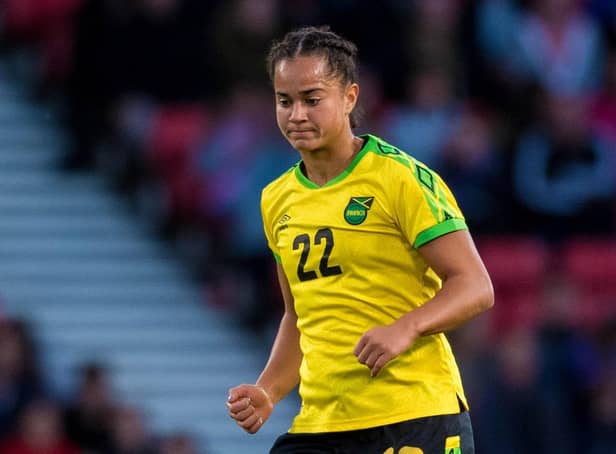 Kayla McCoy in action for Jamaica at Hampden Park. Photo credit: SNS Group.