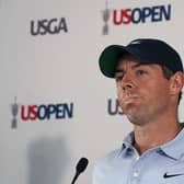 Rory McIlroy, of Northern Ireland, pauses while answering a question regarding the Saudi-funded LIV Golf Invitational series during a media availability ahead of the U.S. Open golf tournament.