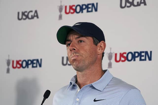 Rory McIlroy, of Northern Ireland, pauses while answering a question regarding the Saudi-funded LIV Golf Invitational series during a media availability ahead of the U.S. Open golf tournament.