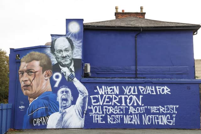 A mural of Former Everton Manager, Howard Kendall and Ferguson is seen outside Goodison Park.