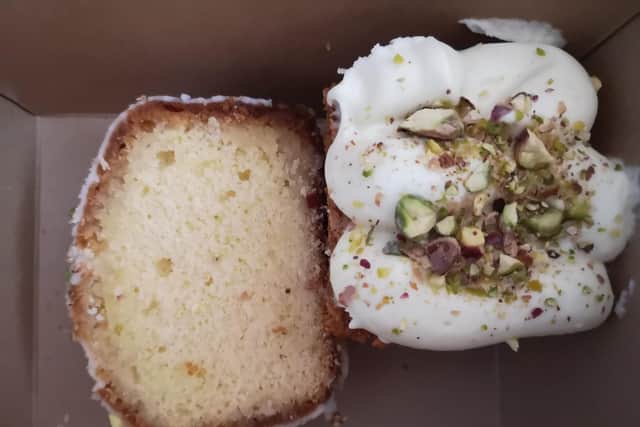 Desserts from Underdog cafe Peebles, extra lemony lemon drizzle loaf and carrot cake with lime and pistachio icing.