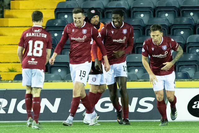 Arbroath celebrate Anton Dowds late winner at Kilmarnock. (Photo by Craig Brown / SNS Group)