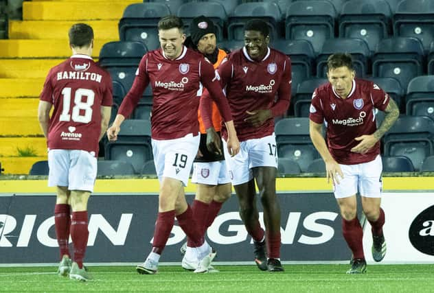 Arbroath celebrate Anton Dowds late winner at Kilmarnock. (Photo by Craig Brown / SNS Group)