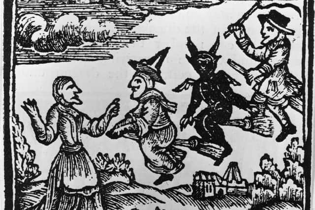 A witch, a demon and a warlock fly towards a peasant woman in this circa 1400 image. Image: Hulton Archive/Getty Images