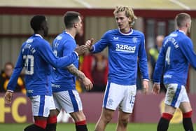 Todd Cantwell celebrates with Fashion Sakala after putting Rangers 3-2 ahead at Motherwell. (Photo by Rob Casey / SNS Group)