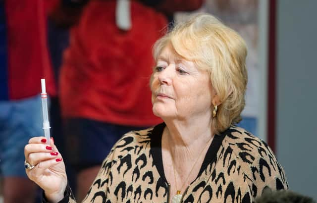 Hearts owner Ann Budge undergoes a rapid antigen test at Tynecastle Park on Wednesday.