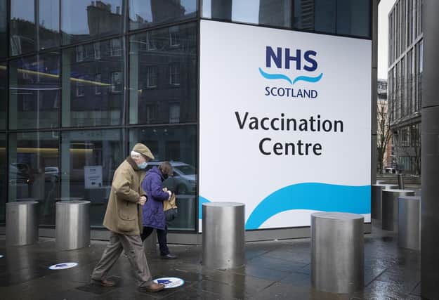 The main entrance to the coronavirus mass vaccine centre at the Edinburgh International Conference Centre.