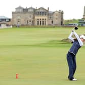 Grace Crawford tees off at the 18th hole on the Old Course at St Andrews on the opening day of the Alfred Dunhill Links Championship. Picture: Richard Heathcote/Getty Images.