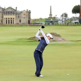 Grace Crawford tees off at the 18th hole on the Old Course at St Andrews on the opening day of the Alfred Dunhill Links Championship. Picture: Richard Heathcote/Getty Images.