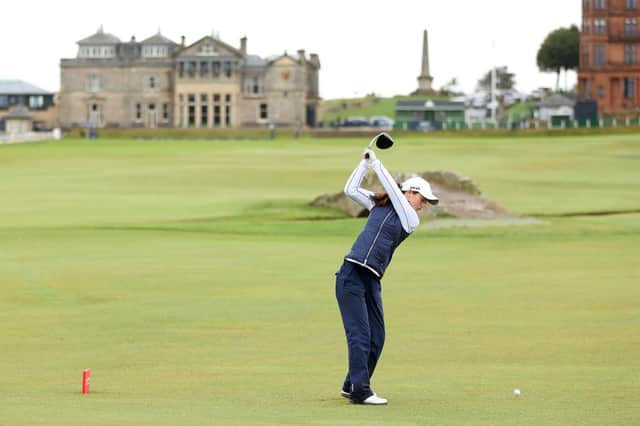 Grace Crawford tees off at the 18th hole on the Old Course at St Andrews on the opening day of the Alfred Dunhill Links Championship. Picture: Richard Heathcote/Getty Images.