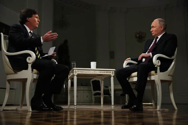 Russia's president Vladimir Putin gives an interview to US talk show host Tucker Carlson at the Kremlin in Moscow. Picture: Gavriil Grigorov/AFP via Getty Images